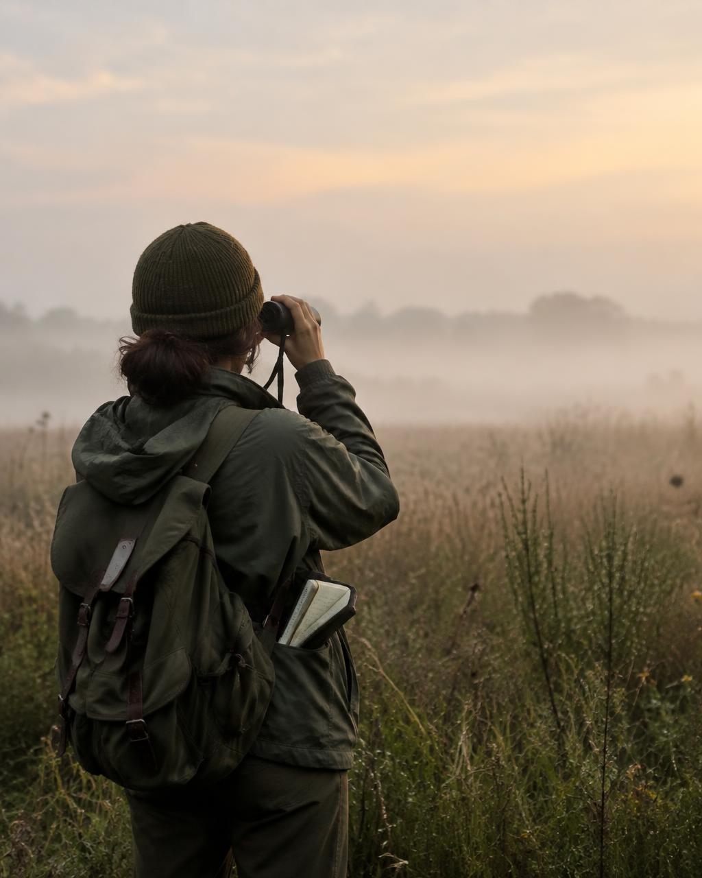 Birdwatcher with binoculars in a misty field