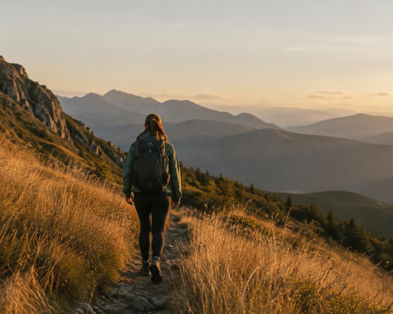 A hiker walking a grassy mountain trail at sunset