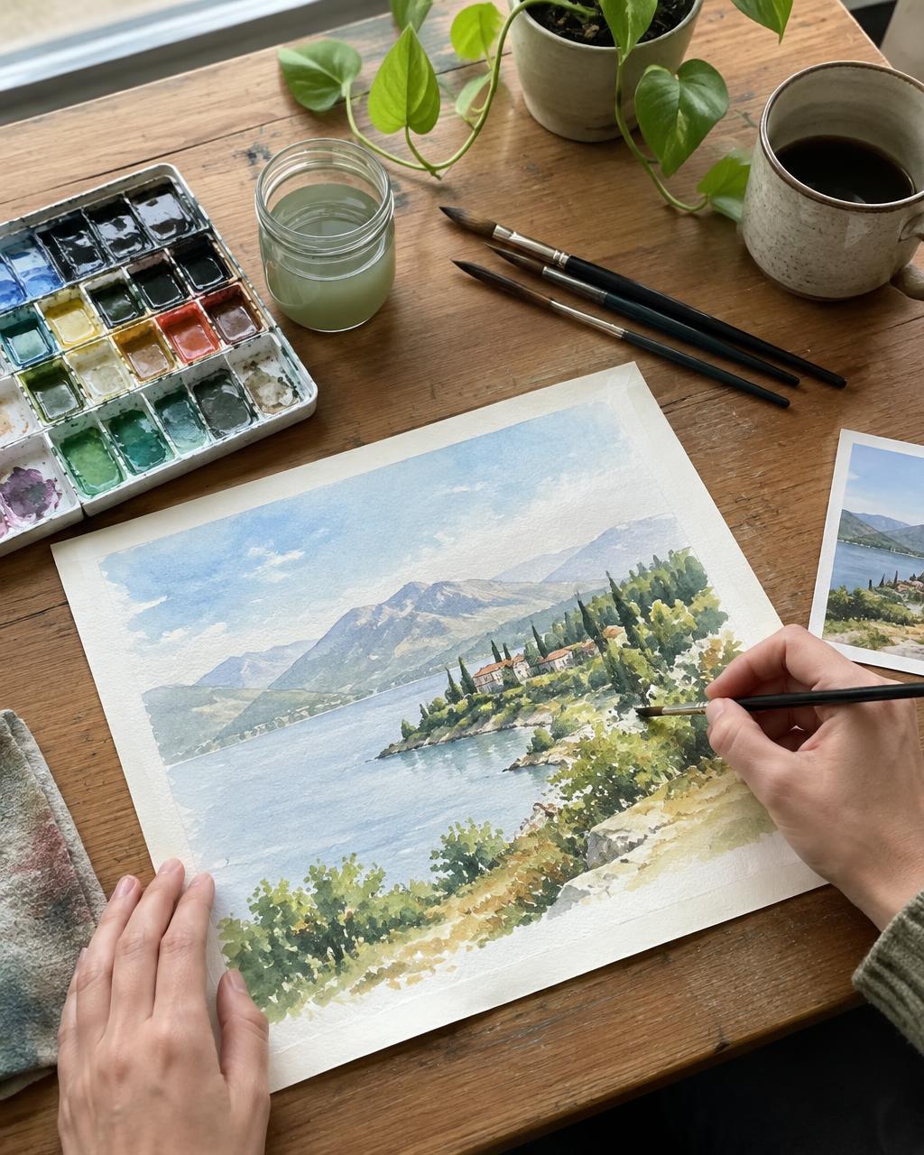 Hands painting a watercolour landscape