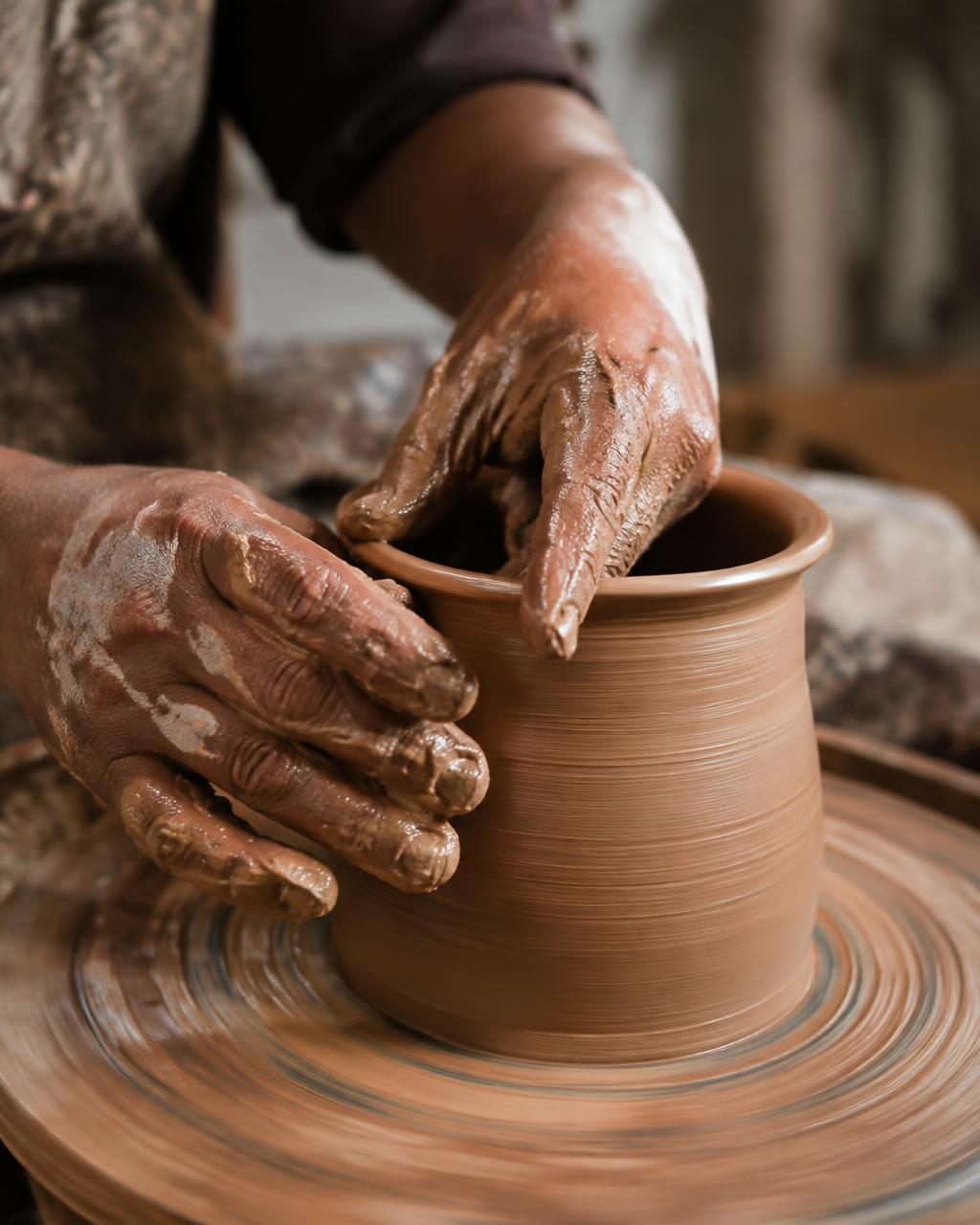 Hands shaping clay on a wheel