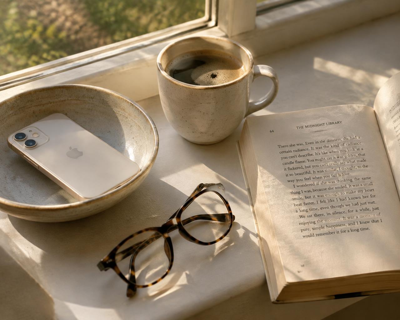 A phone face-down in a bowl beside an open book