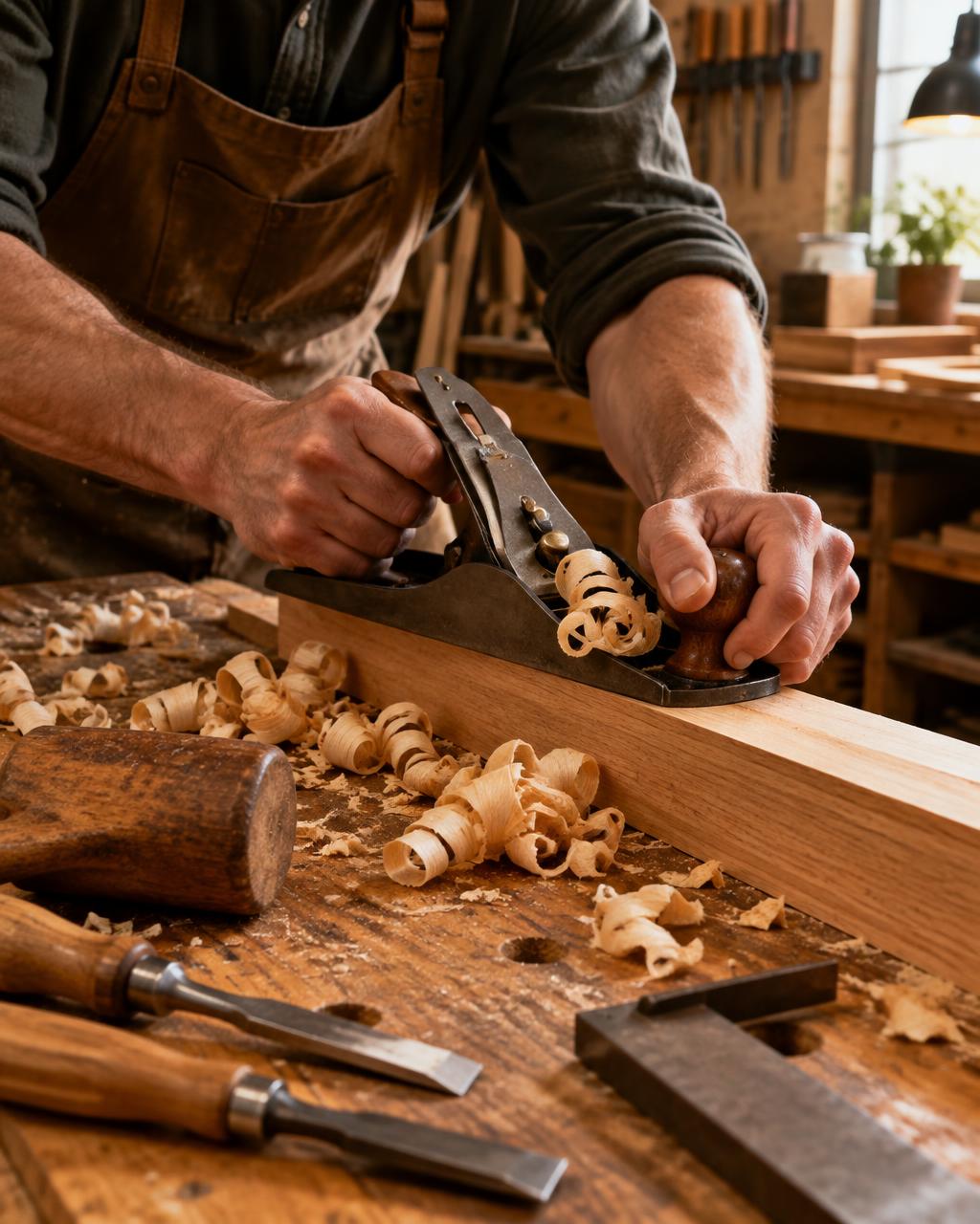 Wood shavings curling from a hand plane