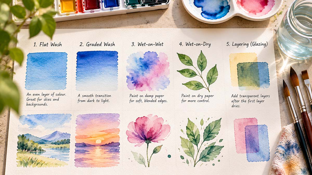 Watercolor practice sheet demonstrating flat wash, graded wash, wet-on-wet, wet-on-dry, and glazing techniques with painted examples