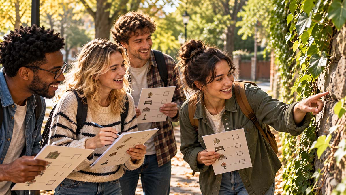 Four friends exploring a leafy park together with paper scavenger hunt checklists.