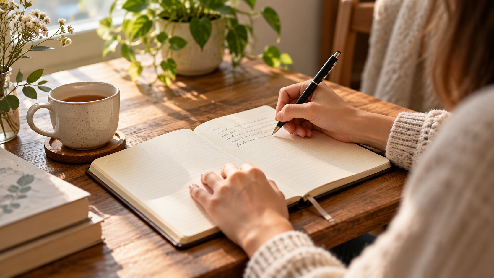 Adult writing a first journal entry in a simple notebook at home.