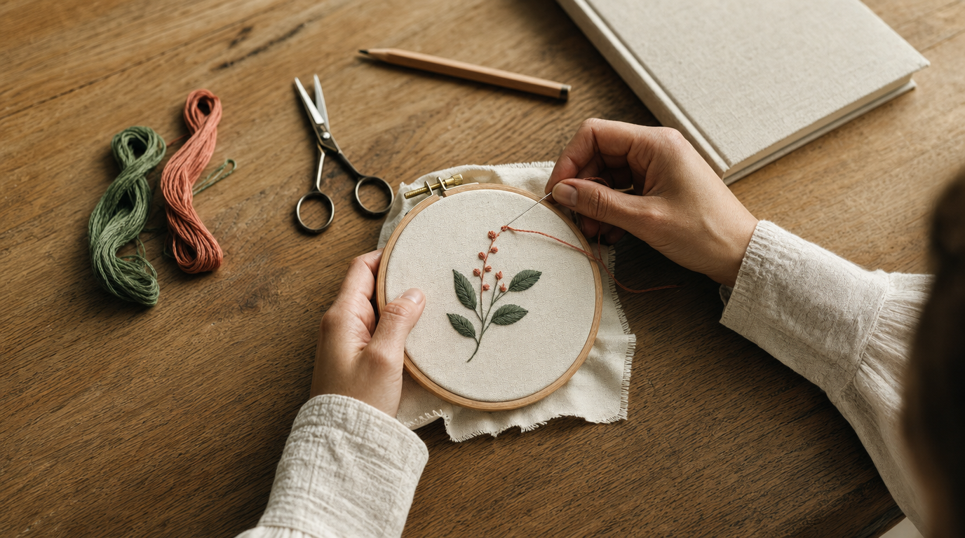 Hands working on a beginner embroidery project at a wooden table.