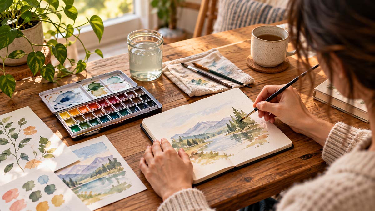 Adult trying watercolor painting with a simple set of beginner supplies.