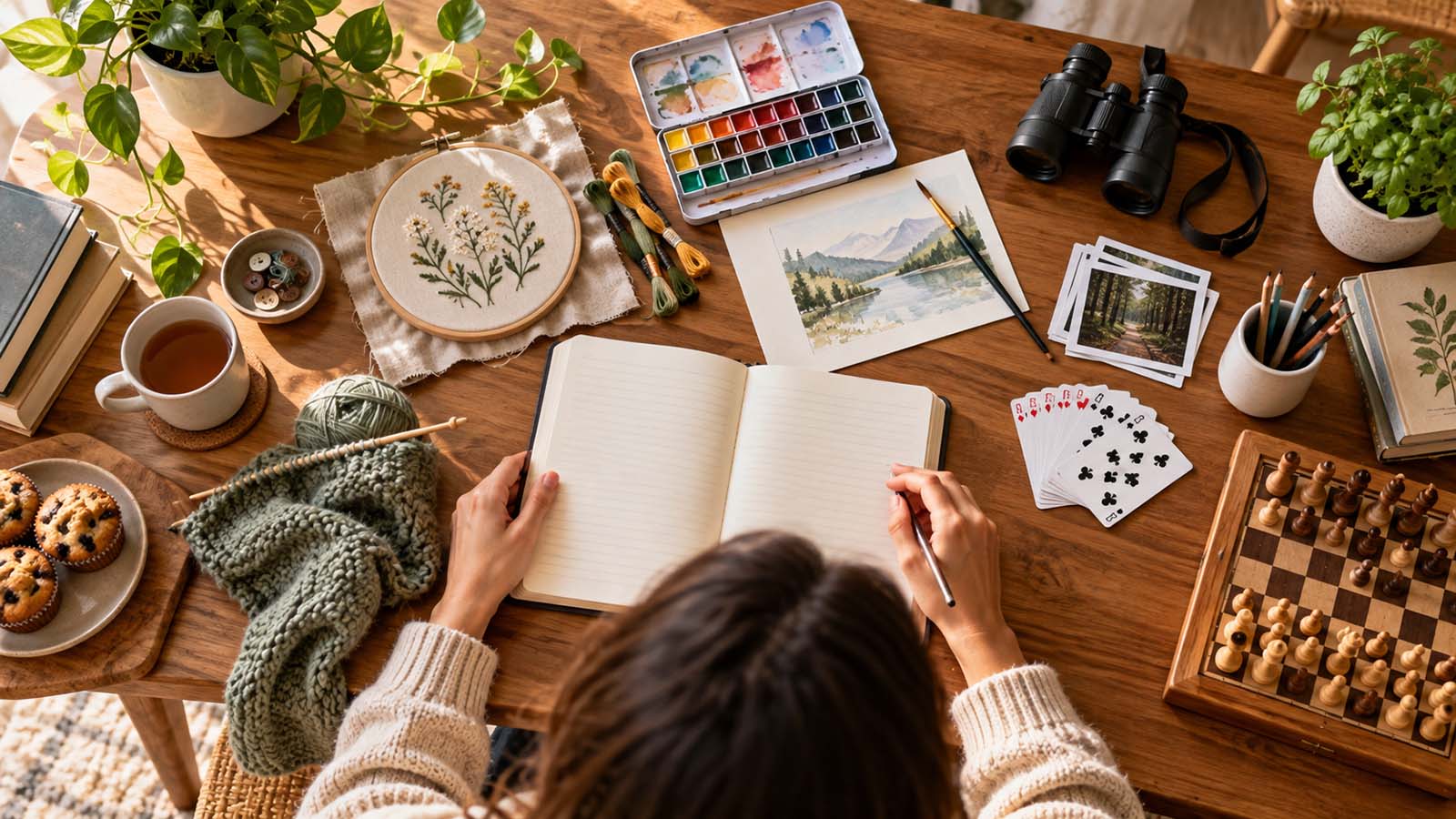 Adult exploring different offline hobby ideas including journaling, embroidery, painting, reading and birdwatching.