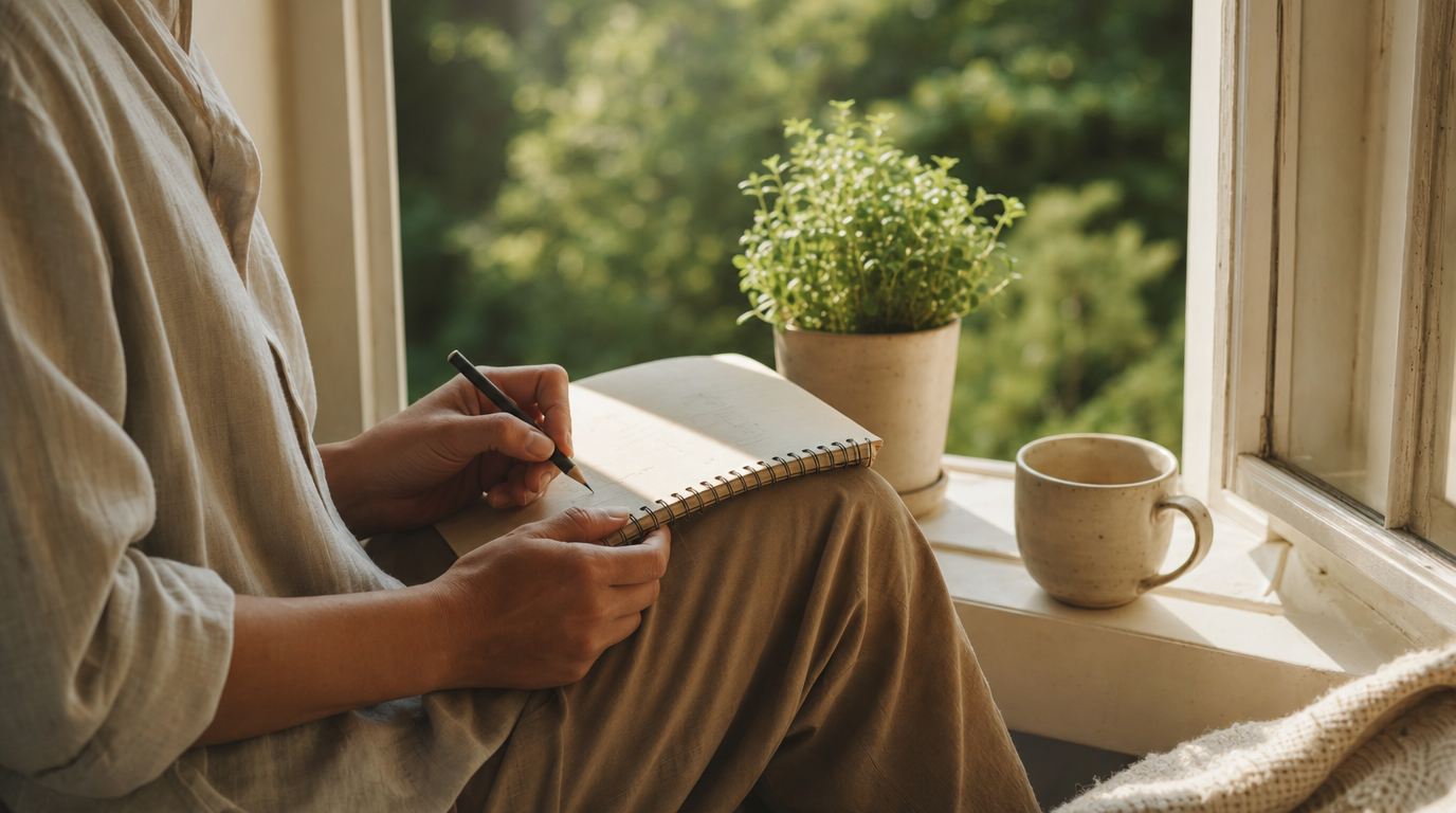Person writing in a small notebook beside an open window during a short offline break.