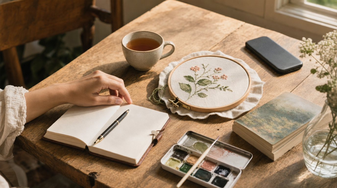 Journal, embroidery, watercolor supplies and a book beside a face-down phone on a sunlit table.