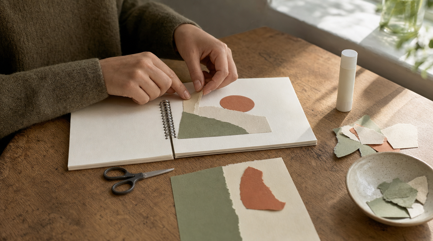 Hands making a simple paper collage during a short screen-free creative break.