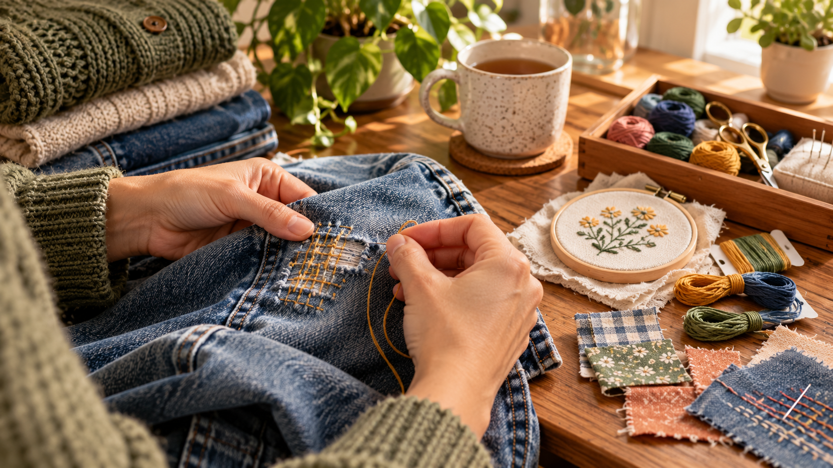 Hands repairing worn blue jeans with yellow thread using visible mending stitches on a wooden table.