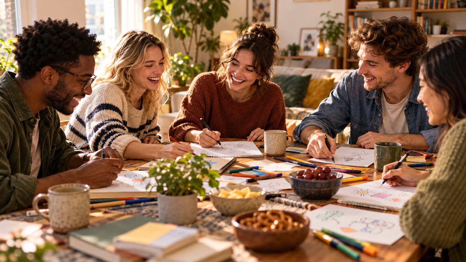 Five friends drawing and laughing together around a wooden table during a screen-free gathering at home.