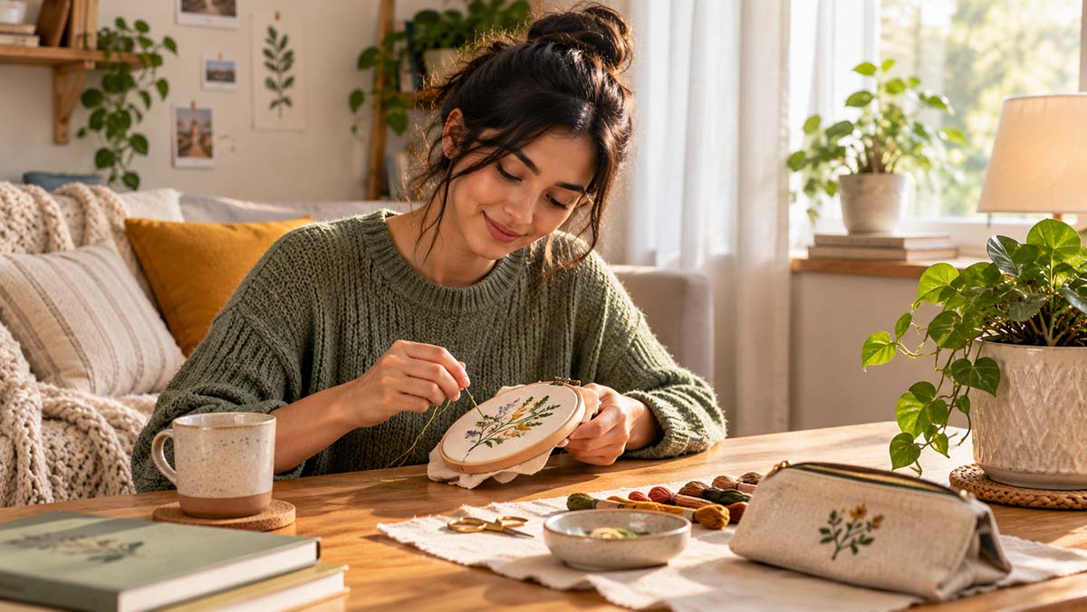 Woman enjoying hand embroidery at home beside a notebook listing short hobby activities