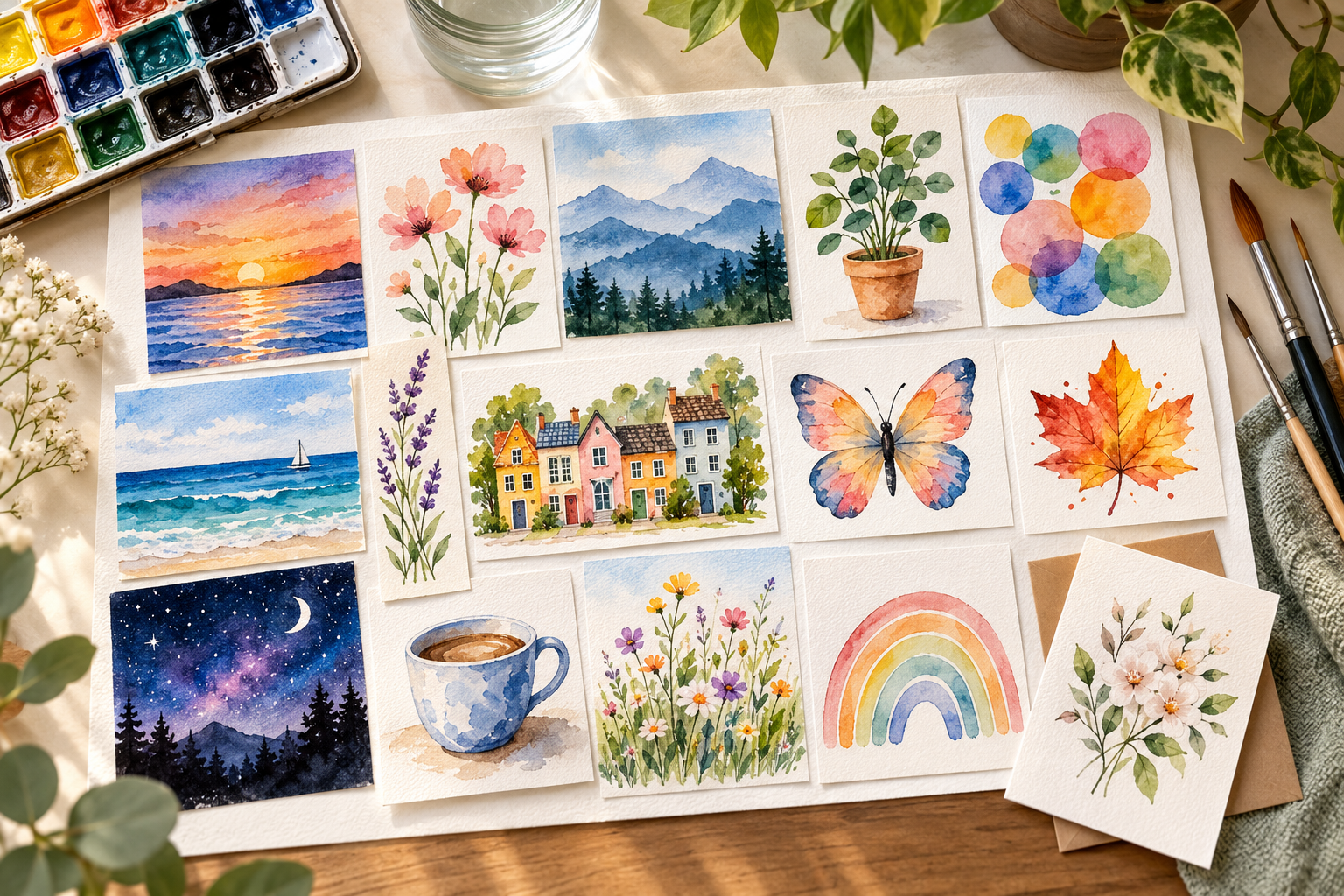 Collection of beginner watercolor paintings featuring sunsets, flowers, mountains, plants, butterflies, and colorful abstract designs arranged on a table