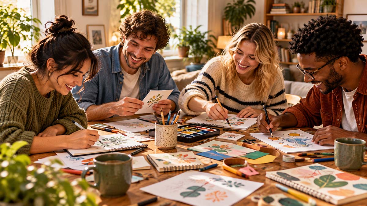 Four friends drawing and painting together at a wooden table with sketchbooks and colorful art supplies.