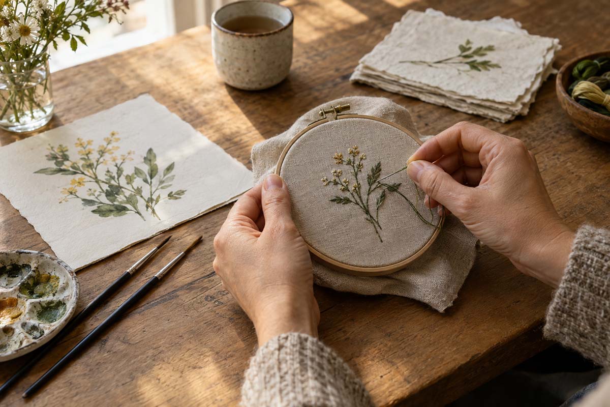 Hands practicing embroidery beside watercolor supplies and handmade paper.