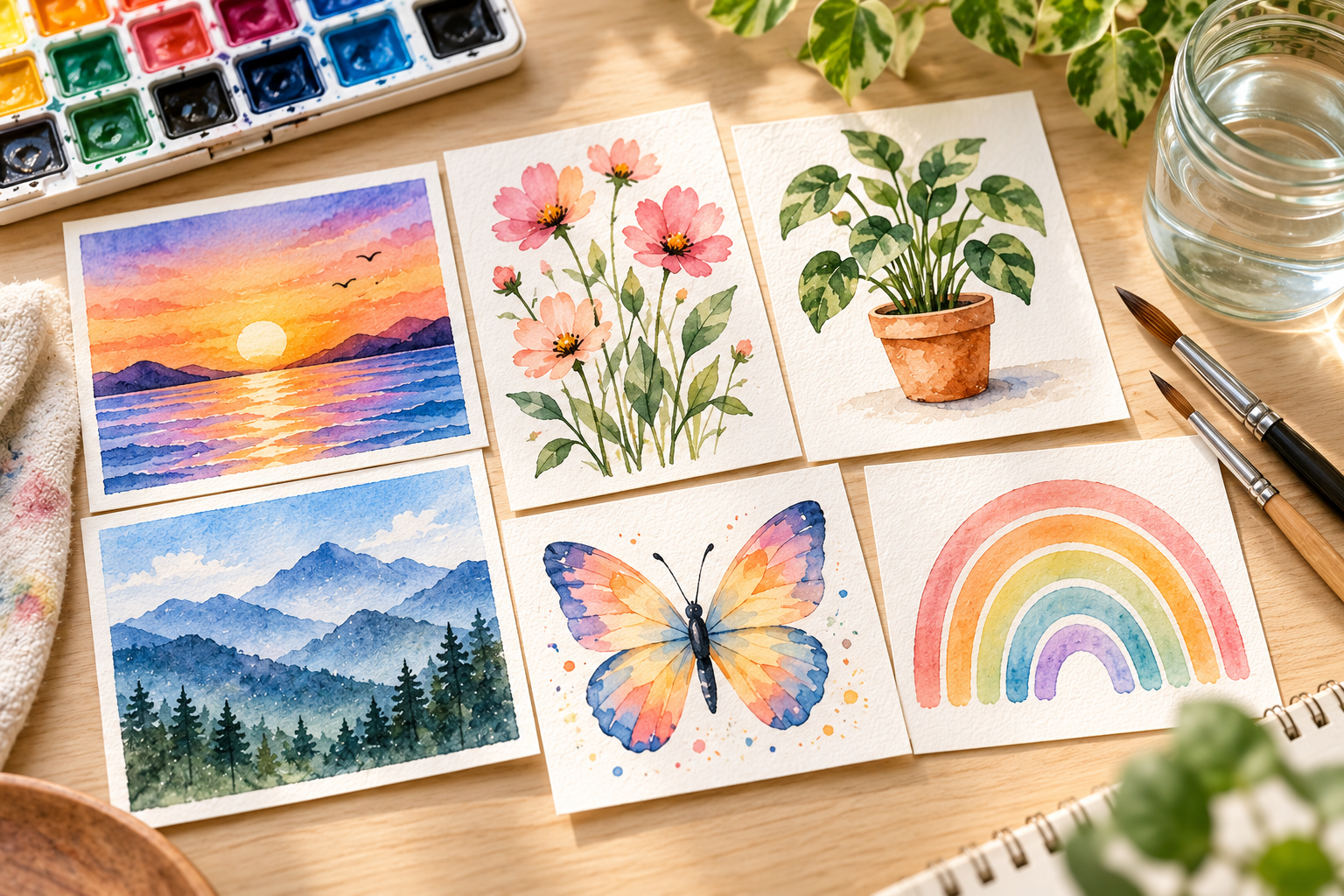 Six beginner watercolor paintings showing a sunset, pink flowers, a potted plant, blue mountains, a colorful butterfly, and a pastel rainbow