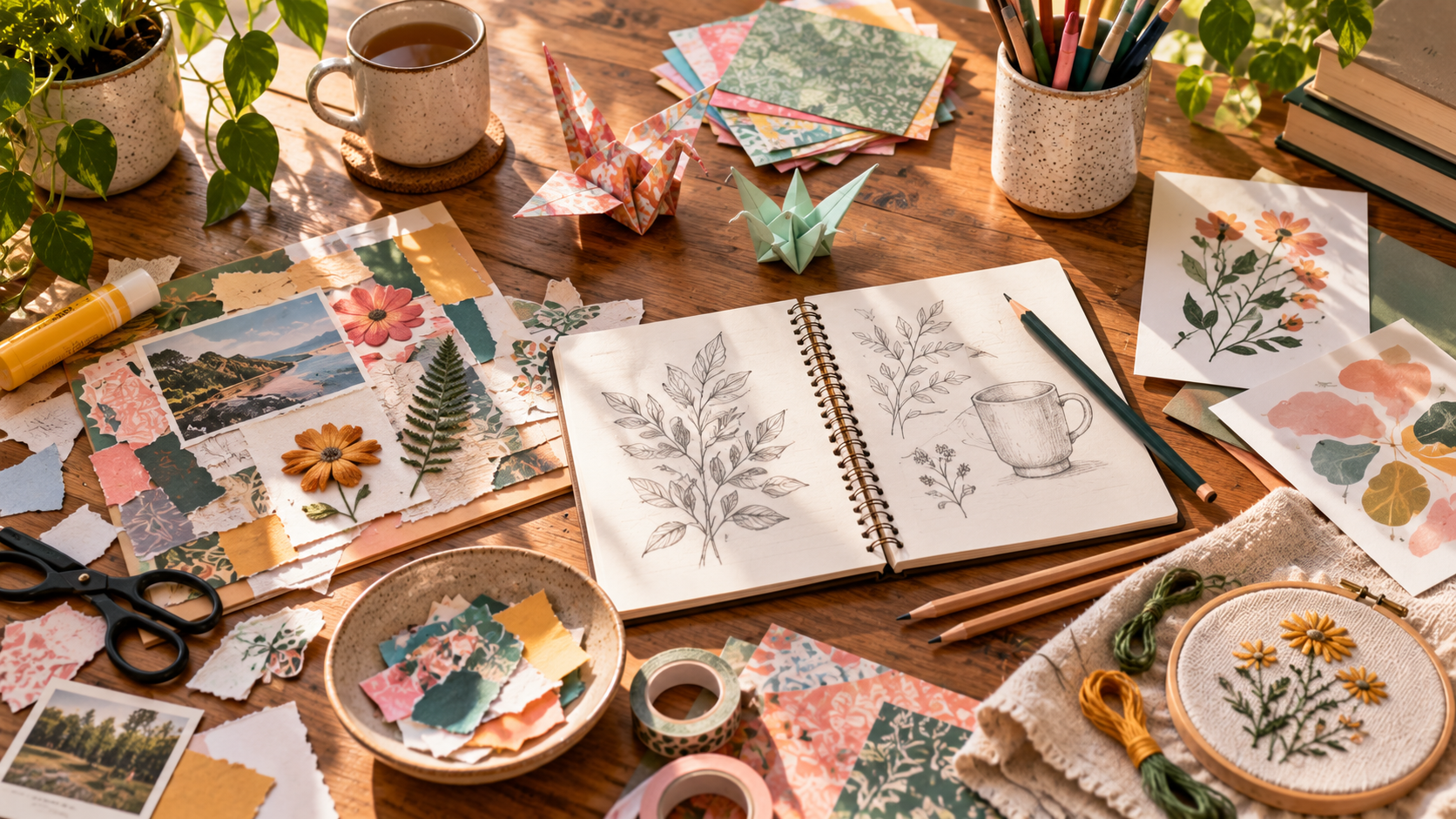 Sketchbook with pencil drawings, origami figures, and colorful paper collage materials arranged on a sunlit wooden table.