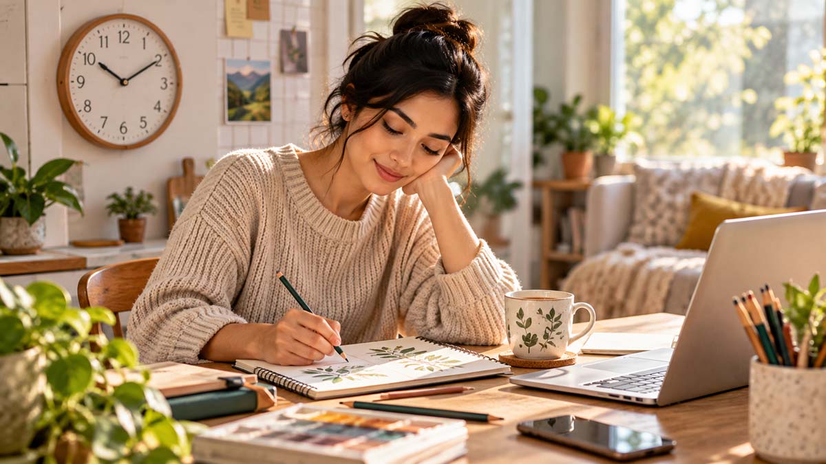 Woman sketching in a notebook beside her laptop during a quiet break at home
