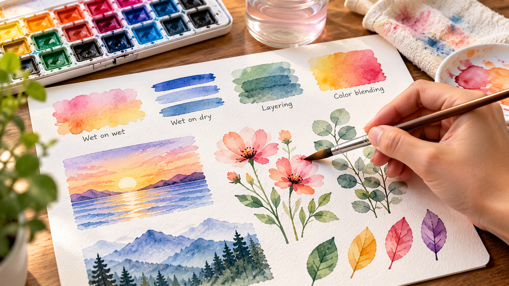 Hand painting pink watercolor flowers on a practice sheet with examples of wet-on-wet, wet-on-dry, layering, color blending, and simple landscapes