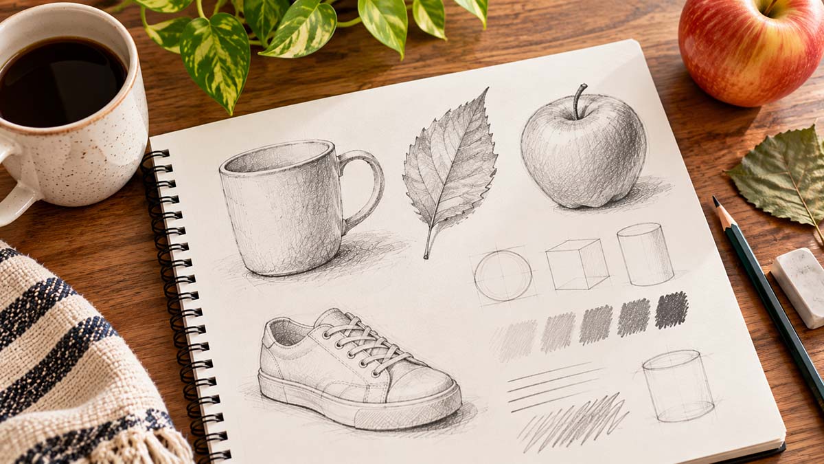 Open sketchbook displaying pencil drawings of a mug, leaf, apple, shoe, basic shapes, and shading exercises