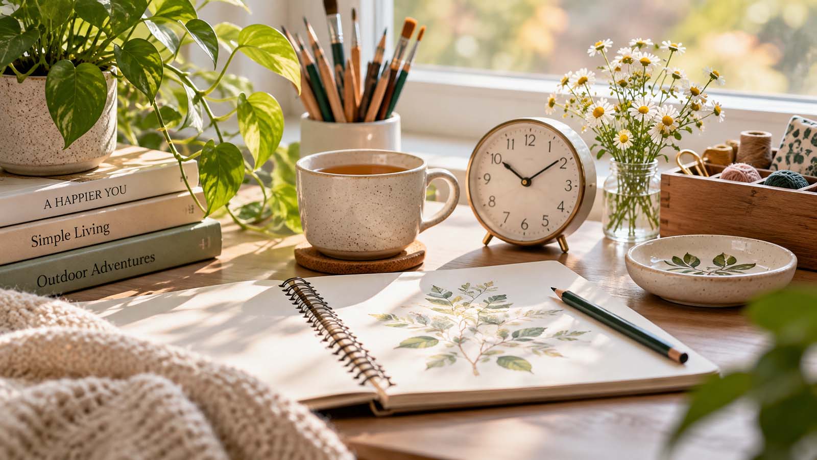Sunlit desk with a sketchbook, pencils, tea, and an analog clock, representing a quiet moment for hobbies