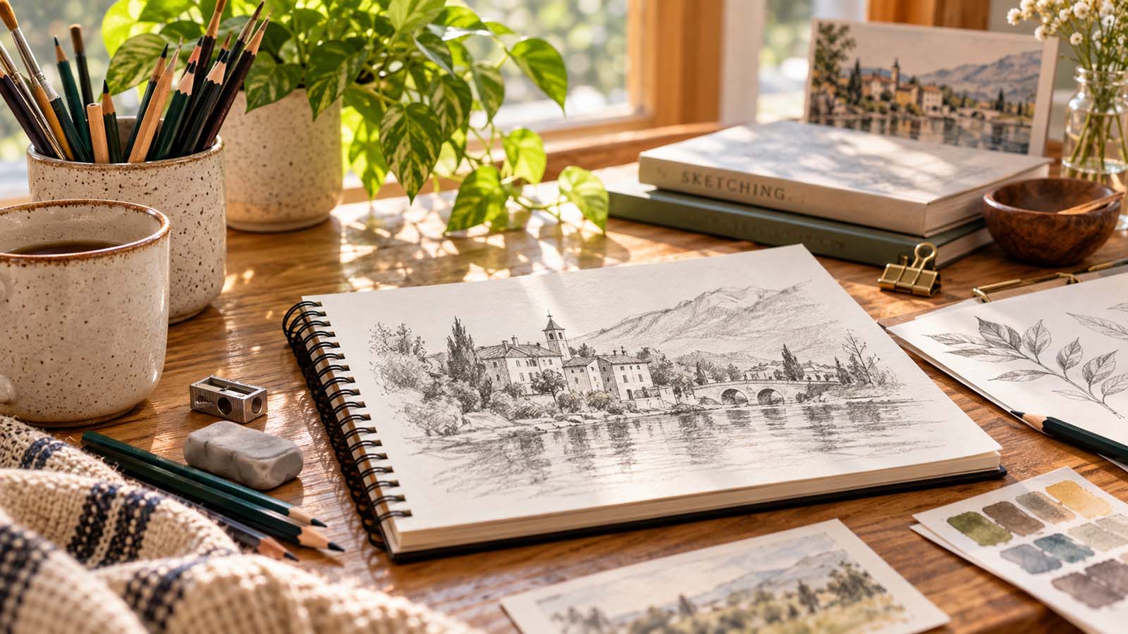 Open sketchbook with a detailed pencil landscape drawing, pencils, and art supplies on a sunlit wooden desk