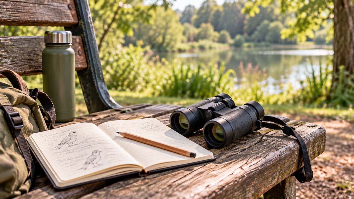 Open birdwatching notebook with a pencil and binoculars on a park bench