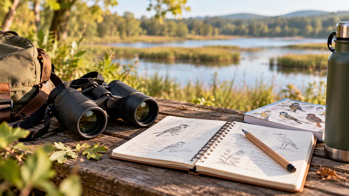 Open birdwatching notebook with pencil and binoculars on a wooden bench outdoors