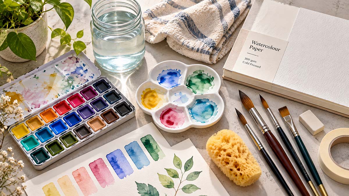 Beginner watercolor painting supplies including a paint set, brushes, mixing palette, watercolor paper, and a jar of water on a wooden table