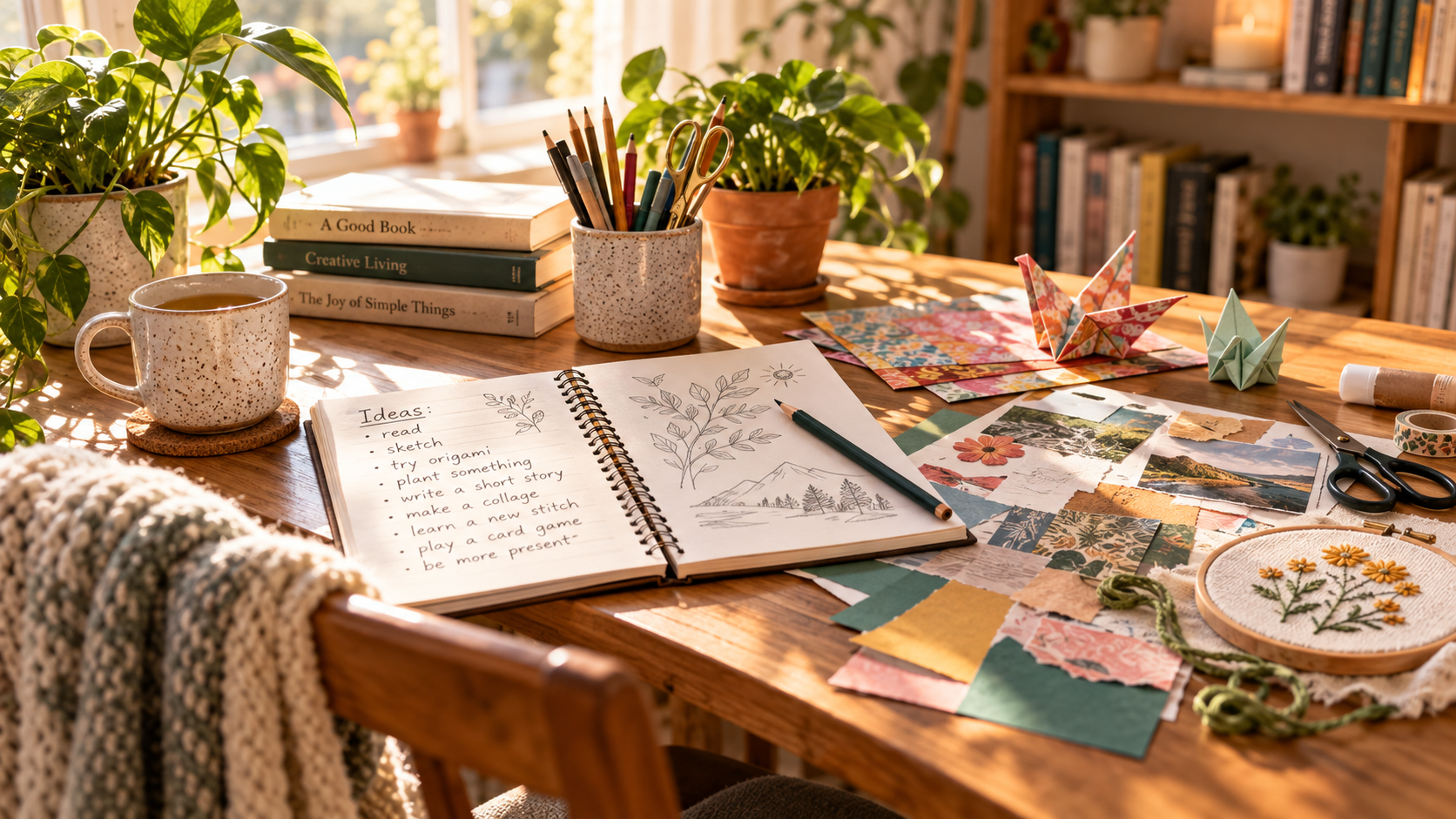 Sunlit wooden table with a sketchbook, pencils, origami, collage materials, books, and embroidery supplies for inexpensive hobbies at home.