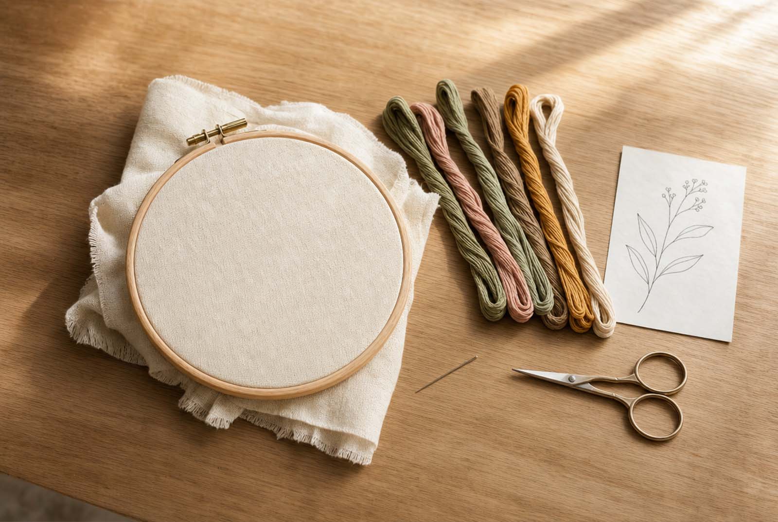 Beginner embroidery supplies with a wooden hoop, fabric, floss, needle and scissors