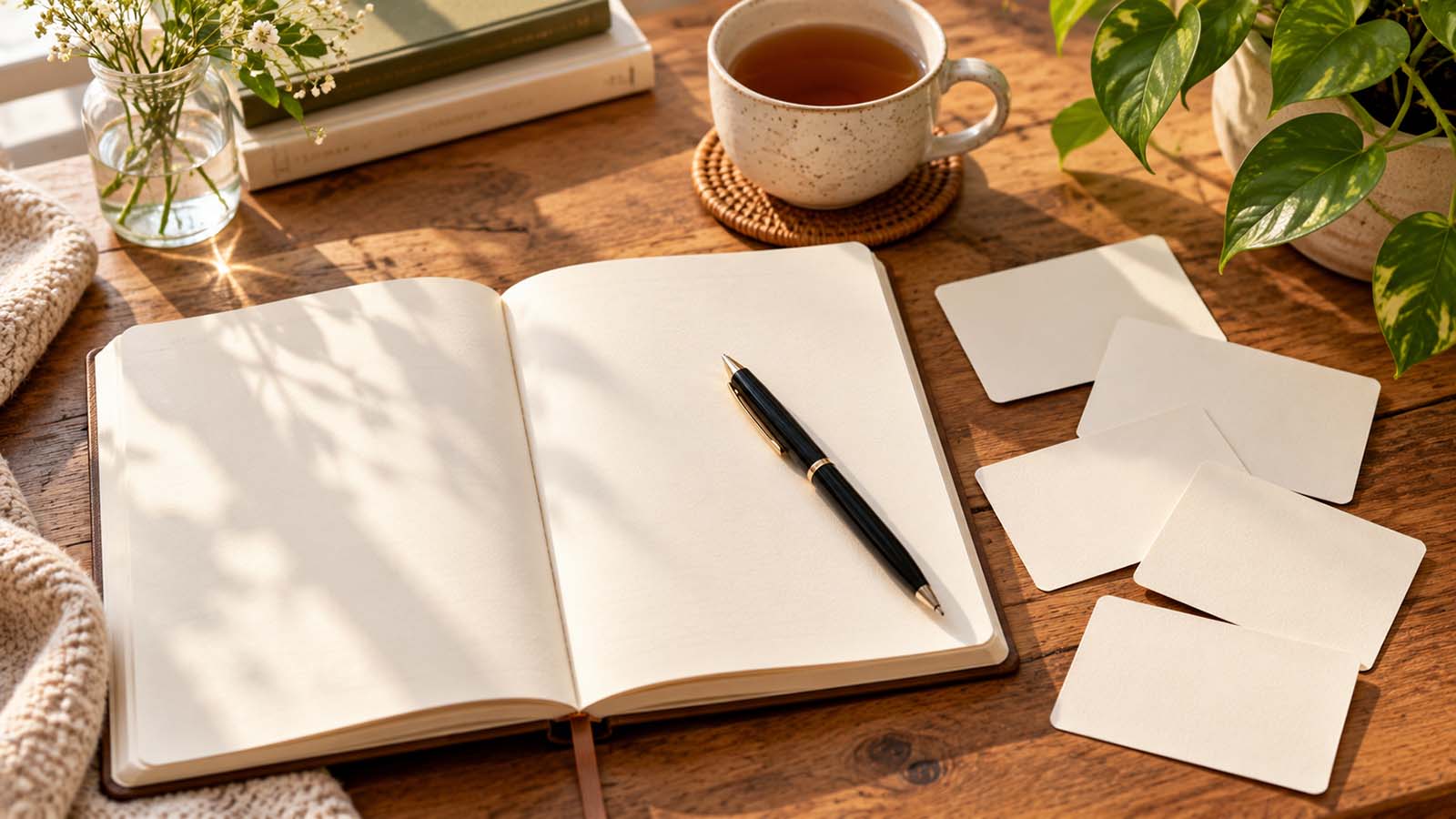 Open journal with a pen and five blank prompt cards on a wooden table