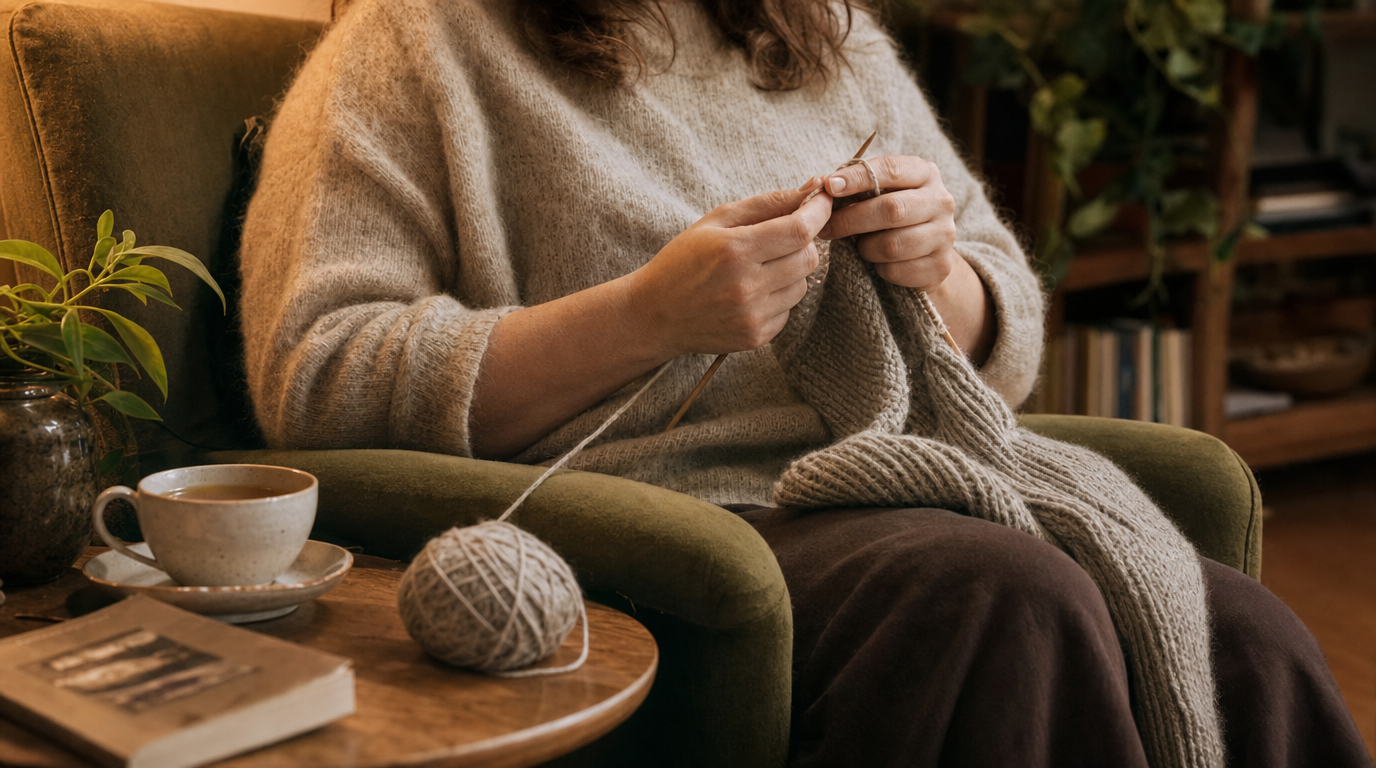 Person knitting in a comfortable chair during a quiet screen-free evening.