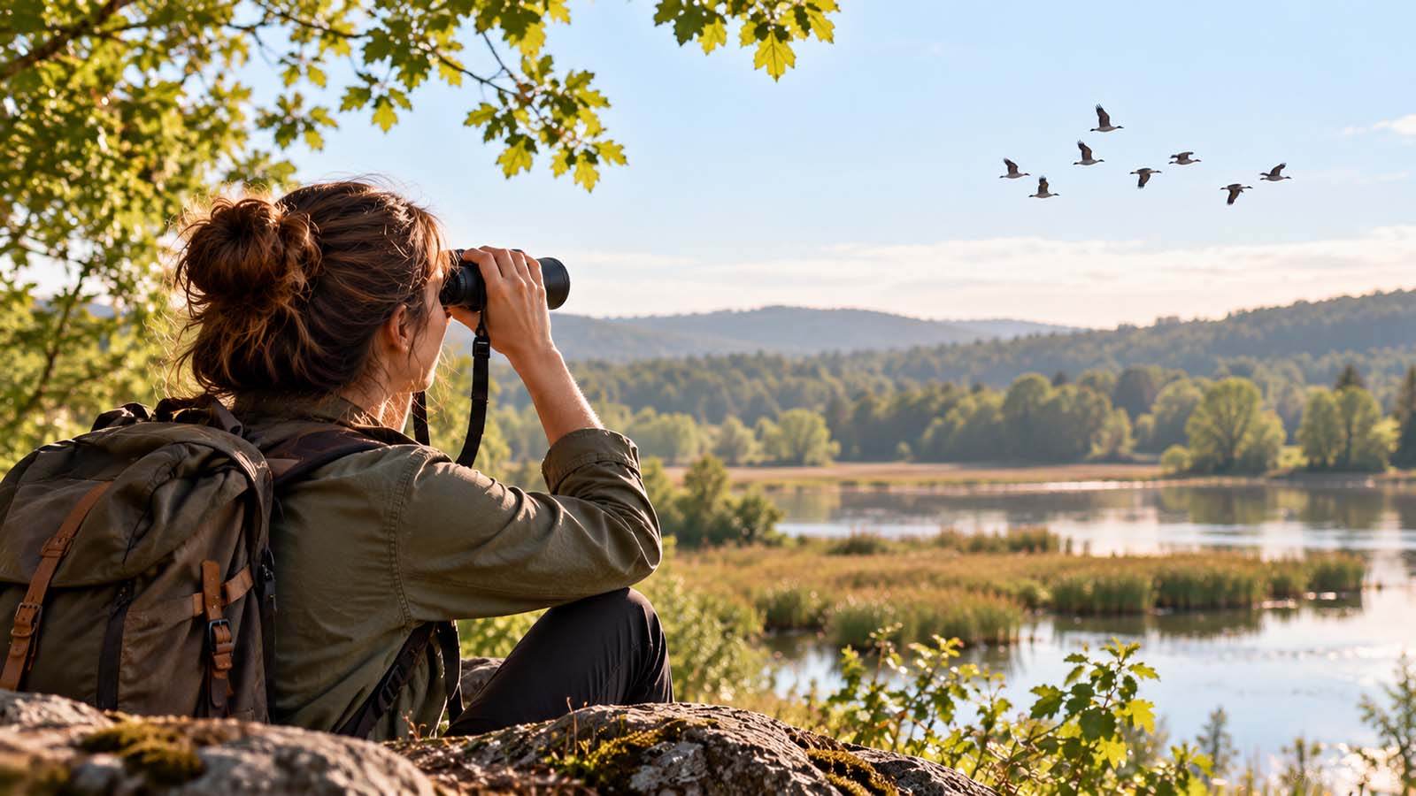 Beginner birdwatcher using binoculars to observe distant birds flying over a wetland